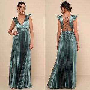 Lulus Exceptional Drama Sage Green Satin Lace-Up Pleated Maxi Dress Wedding Prom
